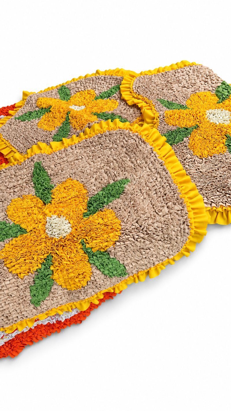 Tapetes artesanais amarelos e bege empilhados, com flores
