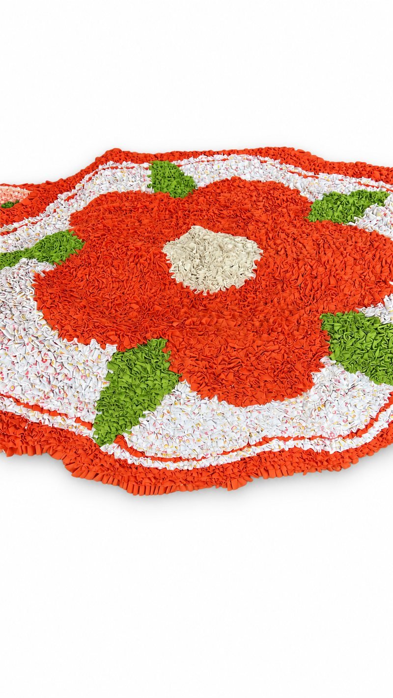 Tapete artesanal laranja e branco, com flor e folhas verdes